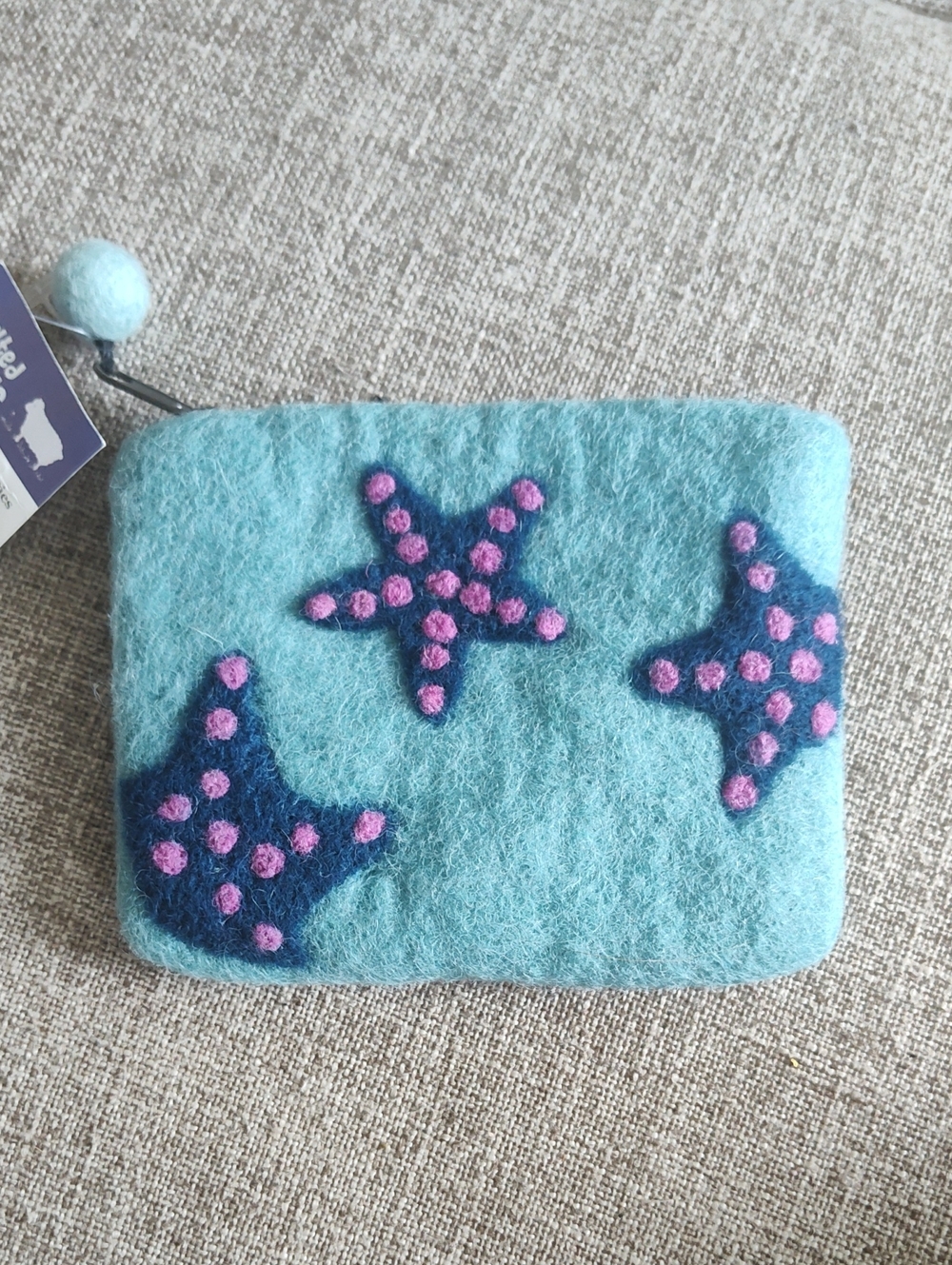 Felted Fields Sustainable Wool Zippered Starfish Coin Pouch - Light Blue